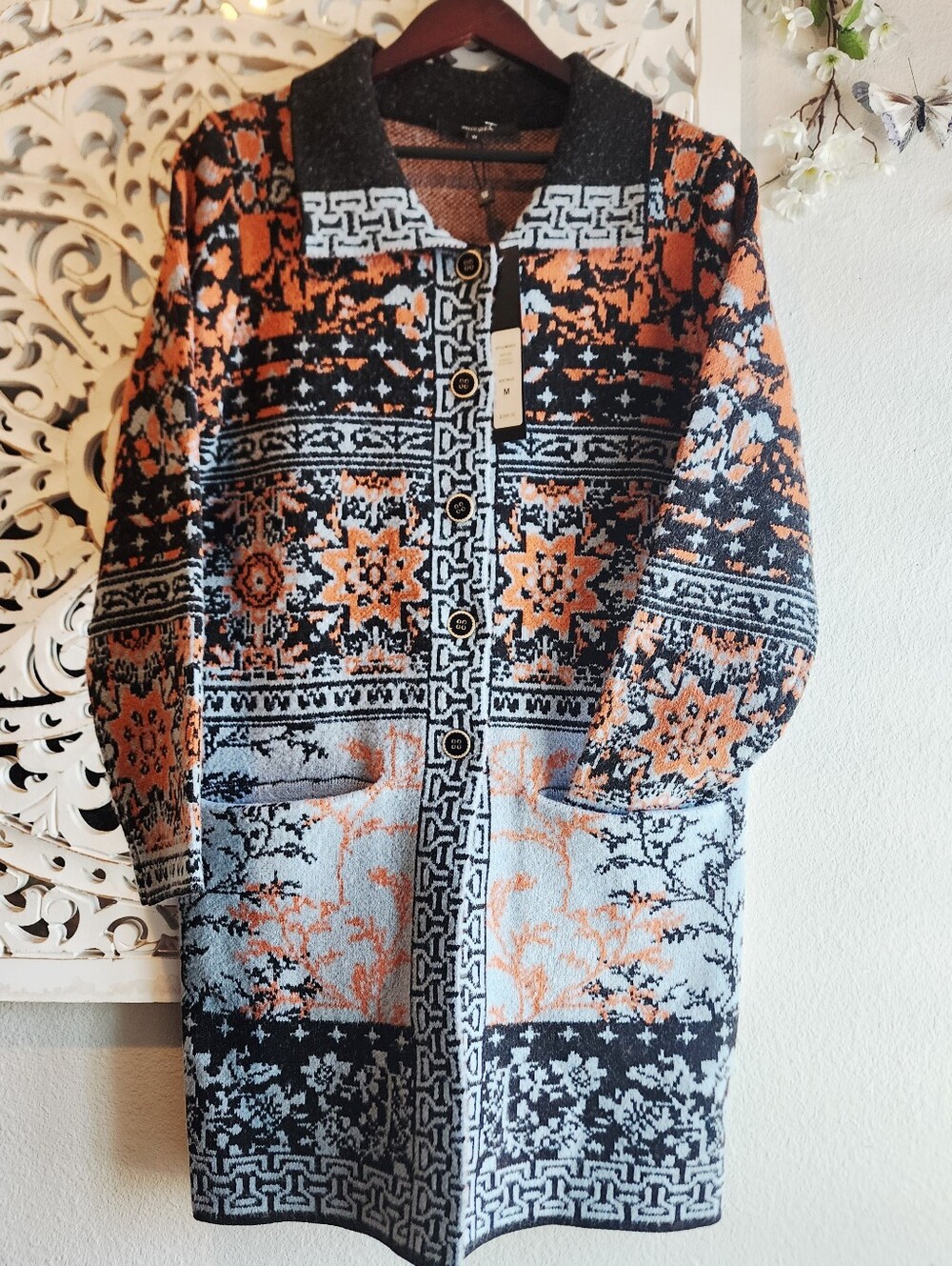 BADGLEY MISCHKA FLORAL COTTAGE KNIT JACQUARD COAT CARDIGAN NWT WOMENS SZ MEDIUM